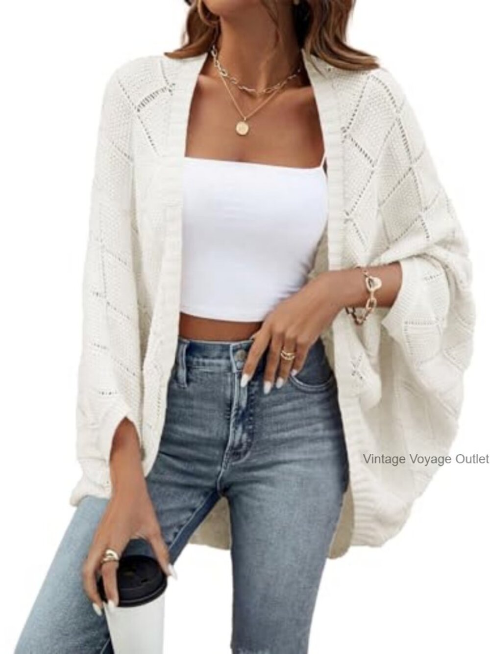 Crochet Oversized Cardigan Batwing Sleeve Boho Lightweight Knit Shrug